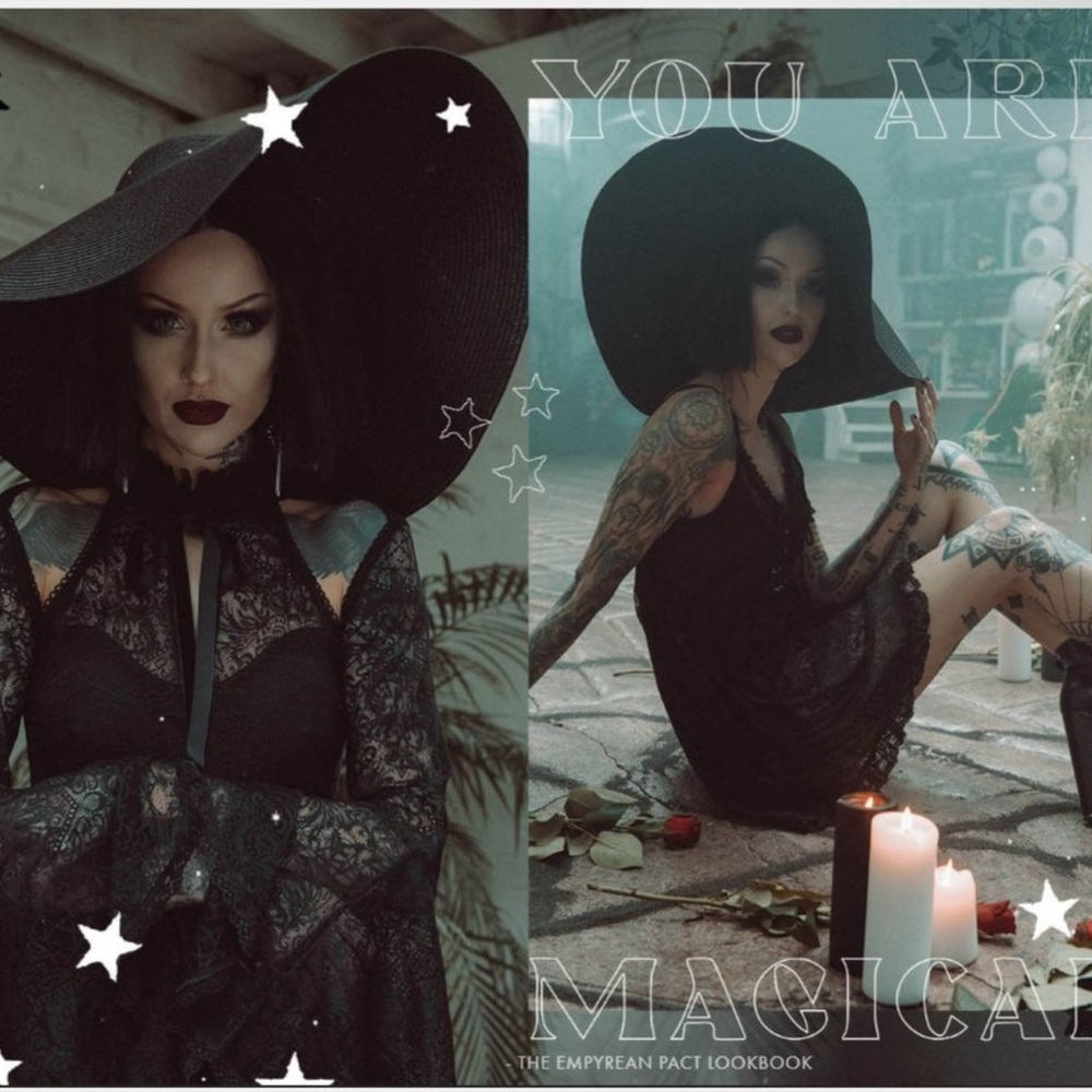Nightshaded Sun Hat: Black Lace Dress with Wide-Brim Hat